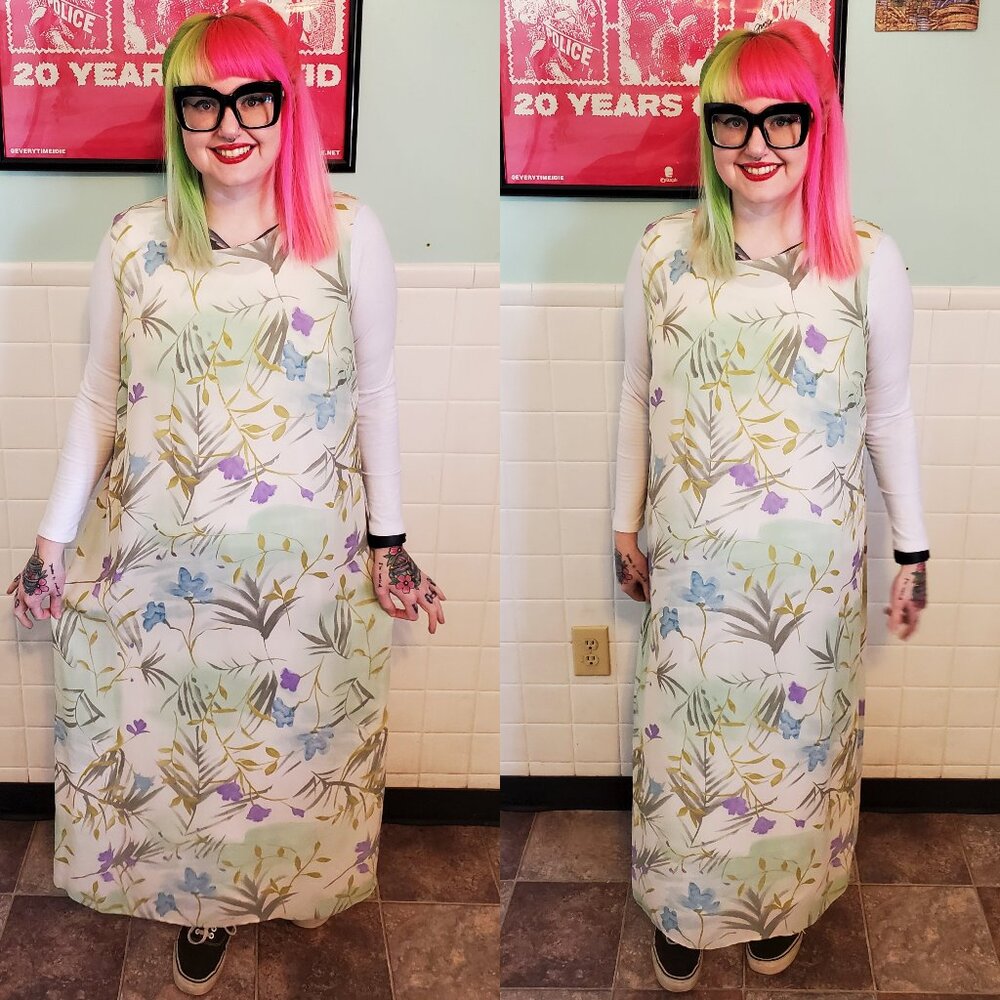 Vintage 90s Pastel Green Blue Purple Whimsical Sleeveless Maxi Spring Dress